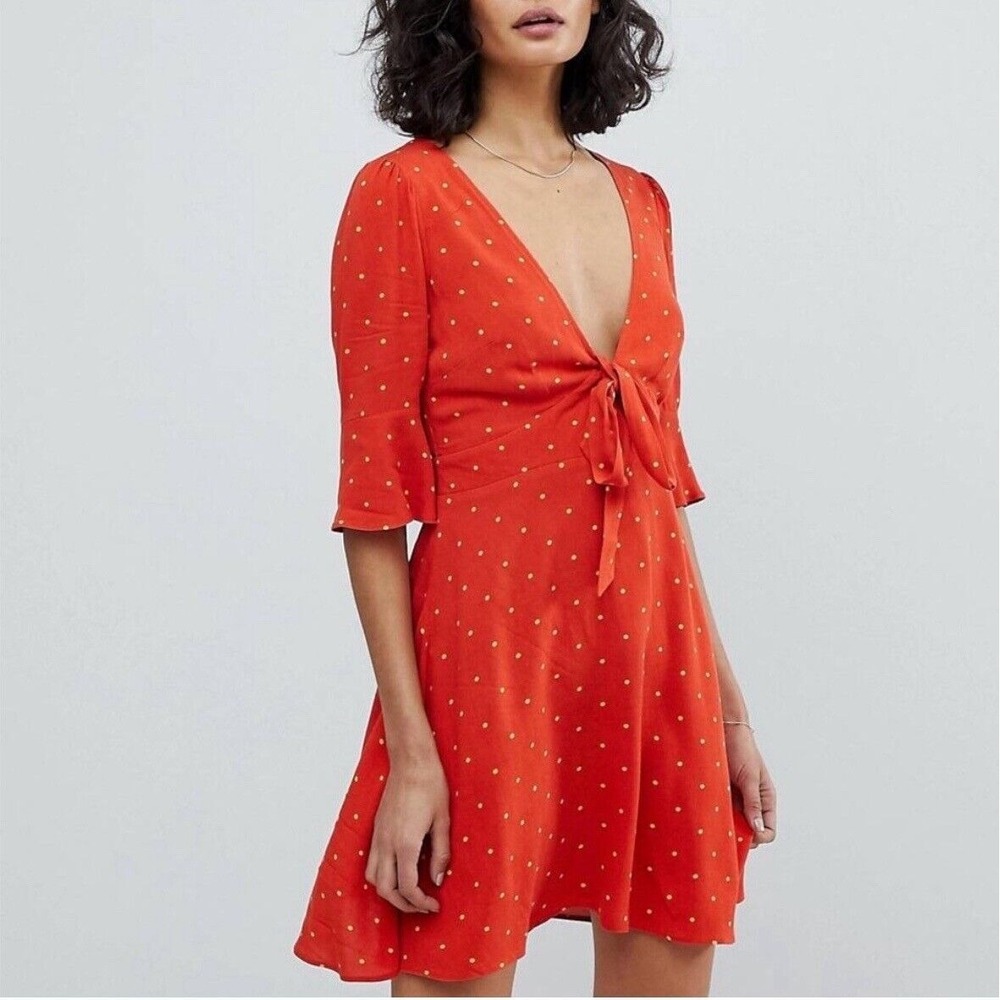 Free People Red‎ Polka Dot Tie Front Flutter Sleeve Mini Dress Women's